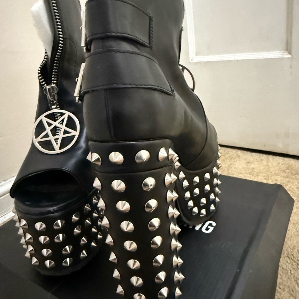 Liliana Black Studded Platform Peep-Toe Boots - Picture 3 of 6